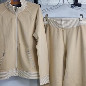 Jones New York Petite Small Tracksuit Tan Zip Jacket & Pants Set Striped Trim